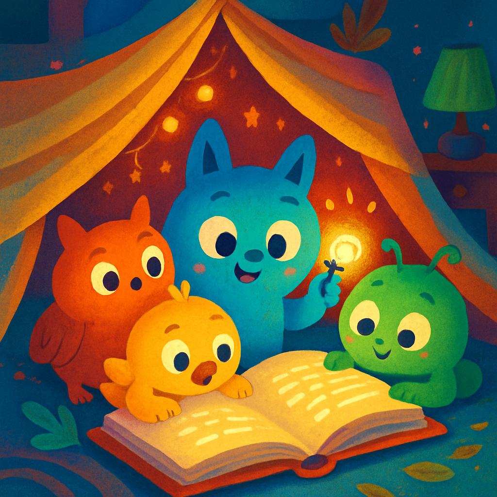 Three cute anthropomorphic animals read a book under a lit-up tent at night.