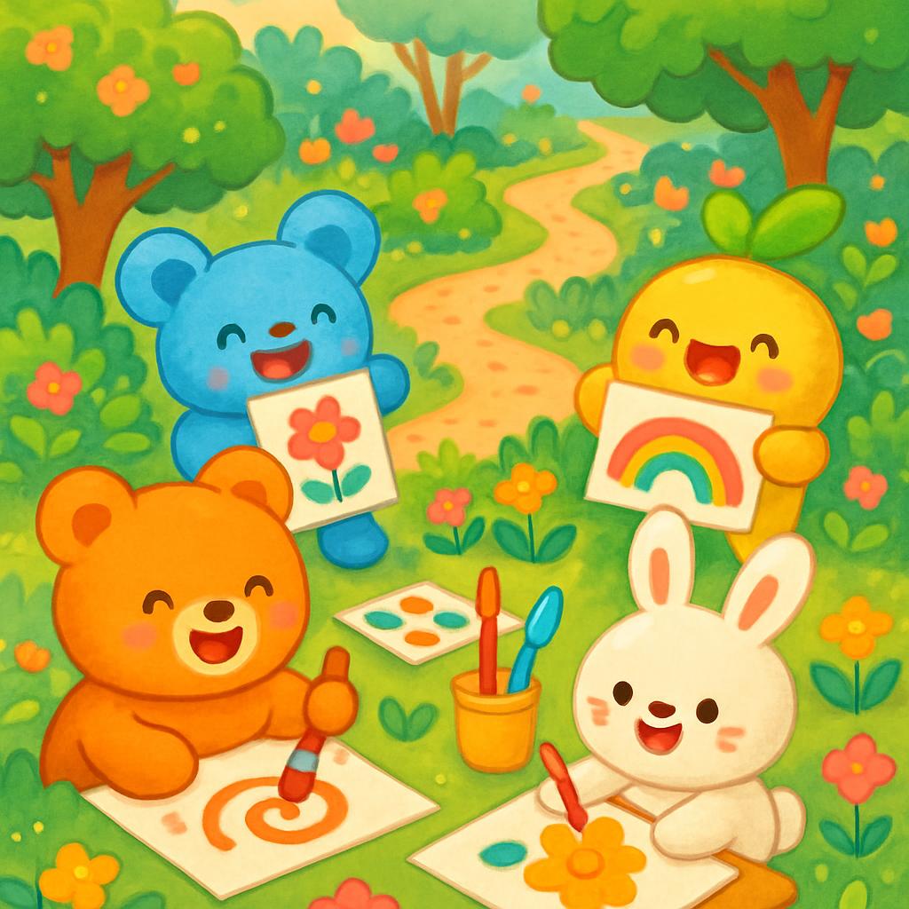 Five happy cartoon animals painting in a meadow.